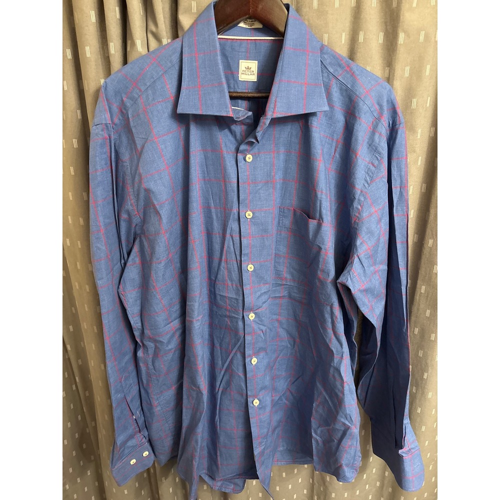 Peter Millar Mens Blue Red Windowpane Check 100% Cotton Button Down Shirt XL